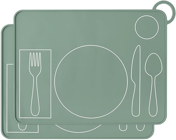 Kids Silicone Montessori Placemat for Toddlers | Children Plate Mat for Dining Table Setting | by Fire Rooster Kids (Green, 2)