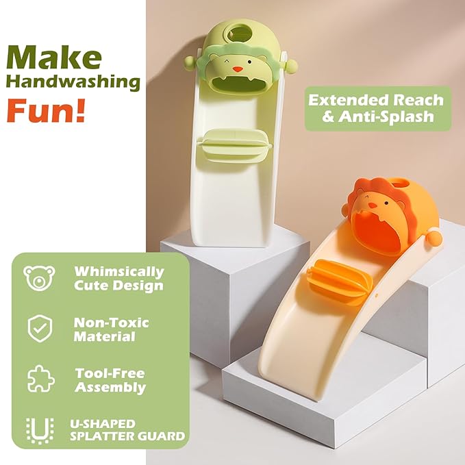Faucet Extender for Toddlers, 2-Piece Set, Animal Fun Design, with Water Outlet Extension and Rotating Wheel Splash-Proof Design, Easy to Install, Also a Sink Extender for Children
