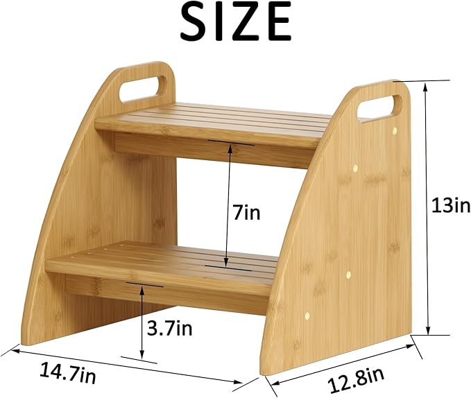 Step Stool for Toddlers, Two Stepping Stool Toddler 300lbs Capacity, with Non-Slip Handles and Pads,Bamboo Kids Step Stool for Bathroom Sink, Perfect Natural Wooden Step Stool for Kitchen