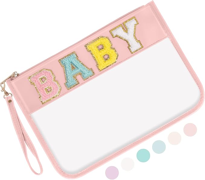 Iqimott Chenille Letter Clear Bag Baby Pouch, Monogram PVC & PU Makeup Cosmetic Bag Zipper Toiletry Pouch, Portable Travel Beach Snack Wristlet Bags for Women Girls(Baby, Pink)
