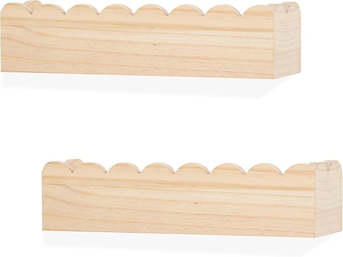 Wood Floating Shelves for Wall,Nursery Bookshelf,Kids Book Shelf,Baby Toys Storage Decor Organizer Wall Mounted for Living Room Bedroom,Wavy Edge,Preassembled,2 Pack,Scalloped Pine(Natural Wood)