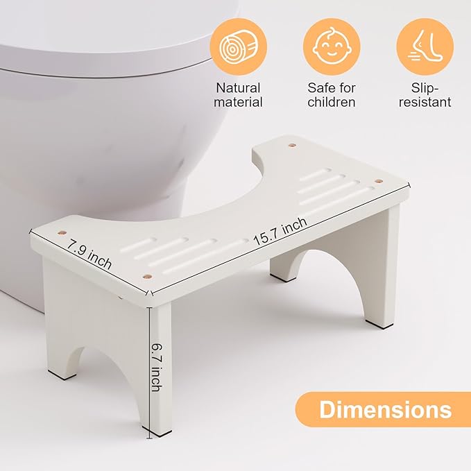 Uaniar 2 Pack White Toilet Stool Squat Adult - 6.7" Non-Slip Bathroom Poop Stool, Bamboo Wood Squatting Potty Stools for Adults with Space-Saving Curved Base, Pooping Toilet Foot Step