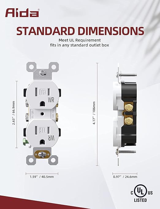 AIDA 15 Amps Outlets Duplex Electrical Receptacle Outlets,Weather Resistance & Tamper Resistant Electrical Receptacle, Wall Outlet,2 Pole,3-Wire, Self-Grounding, NEMA 5-15R,UL Listed 10 Pack, White