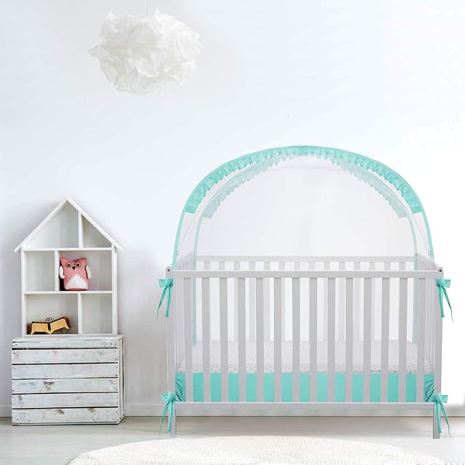 L RUNNZER Crib Pop Up Tent Baby Safety Mesh Cover Mosquito Net Toddler Bed Canopy Netting Cover Protect Baby from Biting and Falling, Emerald, 51 x 51 x 27 Inch