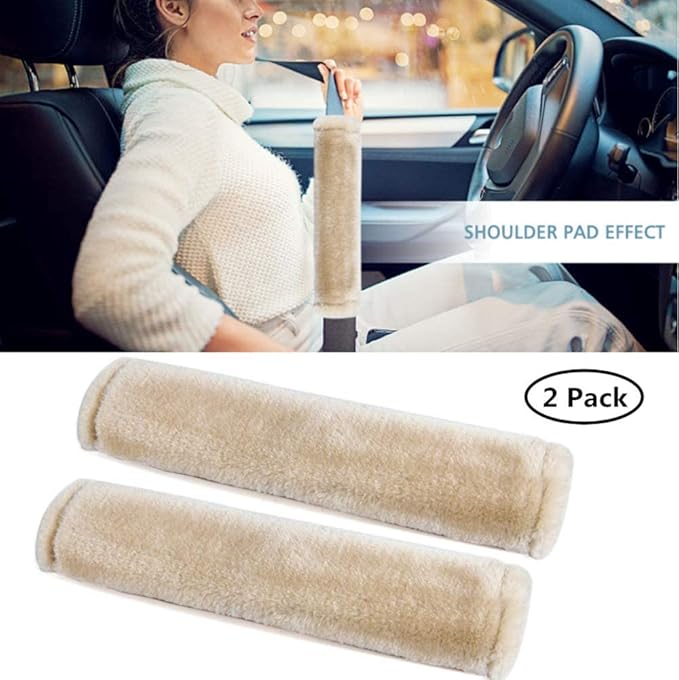 MOONET 2 Packs Car Seatbelt Covers Shoulder Pad for More Comfortable Driving, Universal Seat Belt Cover for Handbag Camera Backpack Straps, Soft Faux Sheepskin Wool Seat Belt Cushion (Beige)