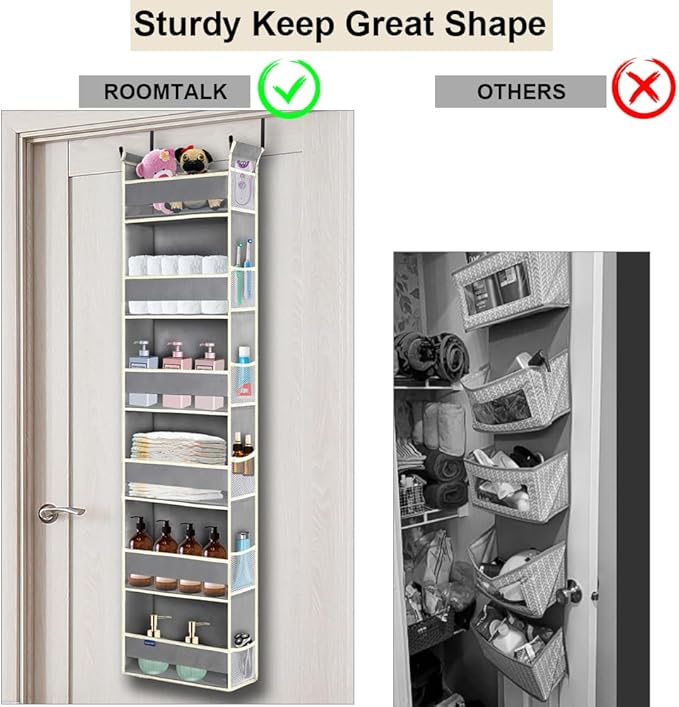 roomtalk Over The Door Organizer 6-Shelves and 12 Side Pockets, Over The Door Storage for Bathroom Bedroom Nursery, Hanging Door Organizers for Baby Diapers and Kids Toys (13"x5"x54", Grey)