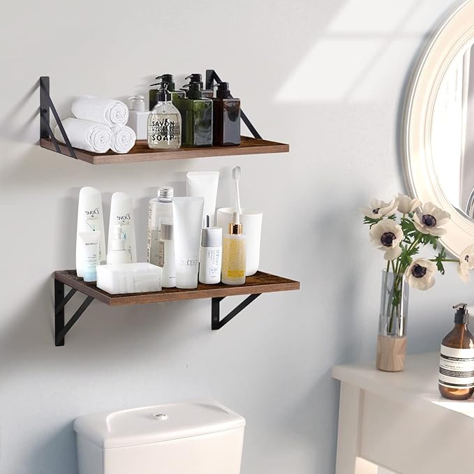 2 Pc Deep Floating Shelves ; Wall Mounted Hanging Shelves for Living Room, Kitchen, Office, Bathroom and Bedroom Decor; Storage and Display Shelf Set (Brown, 16W×12D)