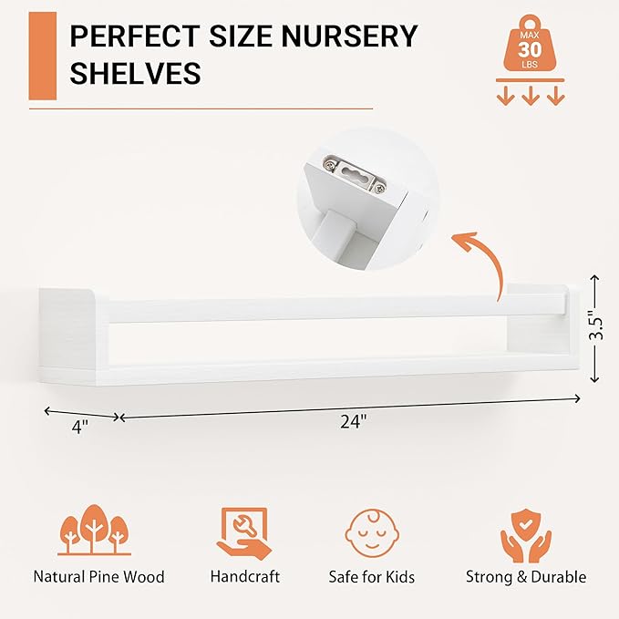 Heimlove 24 Inch Nursery Floating Shelves, Solid Wood Nursery Book Shelves for Wall, Bookshelf for Kid Room, Books,Toys and Decor Storage, Set of 2 (White)