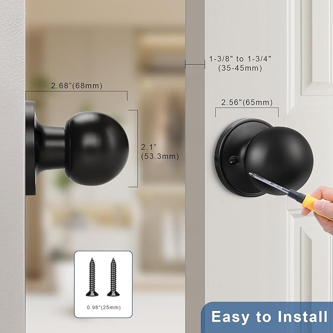 Knobonly 2 Pack Single Side Dummy Door Knob, Matte Black Non-Turning Indoor Door Knob, Closet Door Knobs, Stainless Steel