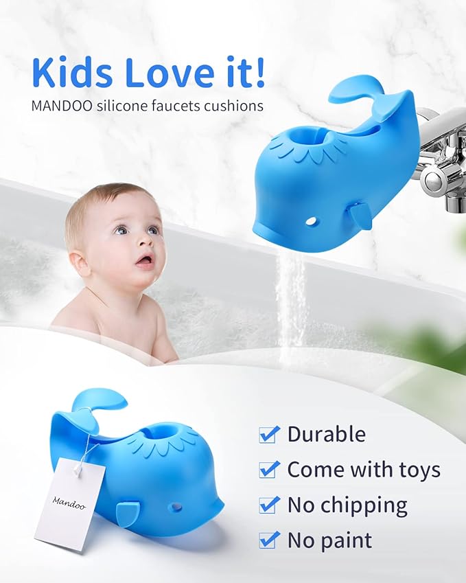 Mandoo Faucet Cover Bathtub Baby, Bath Spout Cover for Baby, Bath Faucet Cover for Kids, Tub Spout Cover Bathtub Faucet Cover Kids Safety, Protection Baby Universal Bath Silicone Toys Whale Blue