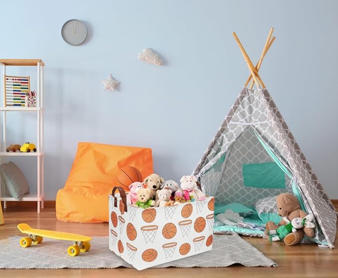 Sanjiaofen Rectangular Baketball Baskets,Kids Basket for Boy.Waterproof PE Coating Cute Basket with Handles.Boys Bin,Toys Box,Books Bins. (Basketball)