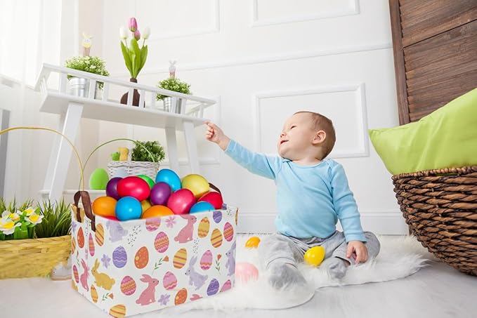 Sanjiaofen Rectangular Easter Baskets, Kids Easter Basket Organizer.Cute Storage Basket with Handles.Boys and Girls,Easter Bunny Eggs Decor,Toys,Books,Easter Gifts (Rabbit Easter Eggs ) …