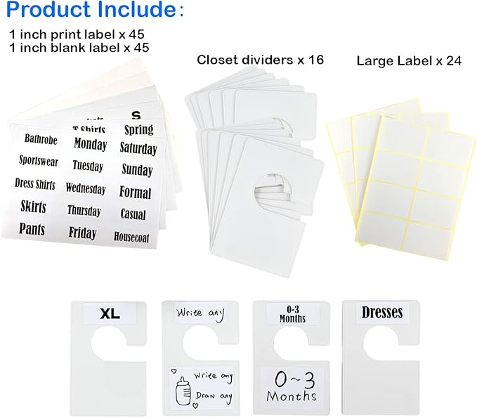 TraGoods 32 Pack White Clothing Rack Size Dividers Plus 150 Labels (1 Inch) and 40 Large Blank Labels, Large Rectangular Clothing Closet Dividers (Pearl White)