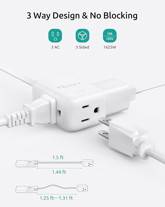 1.5FT Short Flat Extension Cord with 3 Outlets, Flat Wall Plug & Ultra-Thin Outlet Cover, ETL Listed, 13A/1625W, 900J Surge Protection, White Outlet Extender Plug Behind TV, Couch, Furniture