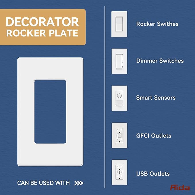 AIDA 1-Gang Screwless Decorative Wall Plates, Standard Size Unbreakable Thermoplastic Faceplate Cover for Decorator Receptacle Outlet Switch, UL Listed (50 Pack, Matte White)