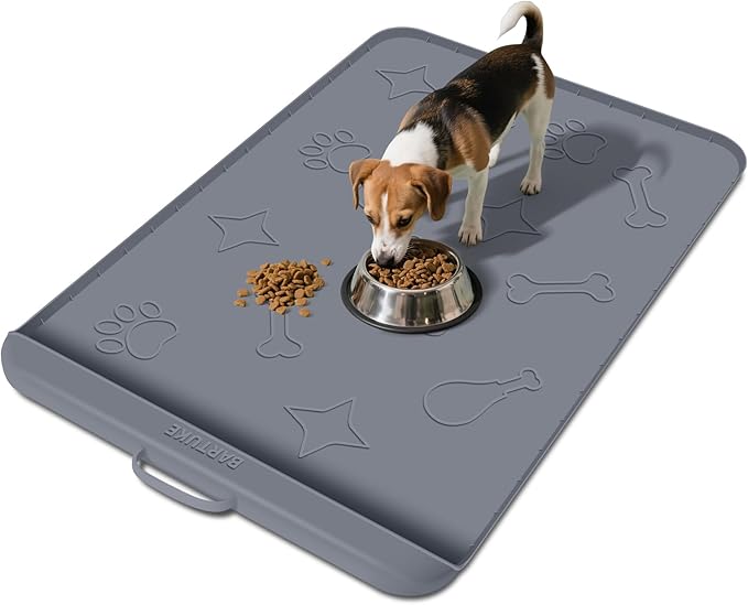 Bartuke Dog Food Mat with Collection Pocket, 42''x28'' Extra Large Silicone Pet Feeding Mat for Food and Water, Waterproof Anti-Slip Dog Mat with Edge and Handle, Pet Placement for Floor (Dark Grey)