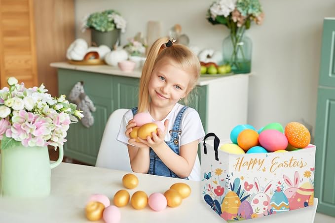 Sanjiaofen Rectangular Easter Baskets, Kids Easter Storage Bins Organizer.Cute Storage Basket with Handles.Boys and Girls,Easter Bunny Eggs Decor,Toys,Books,Easter Gifts (Easter Eggs)