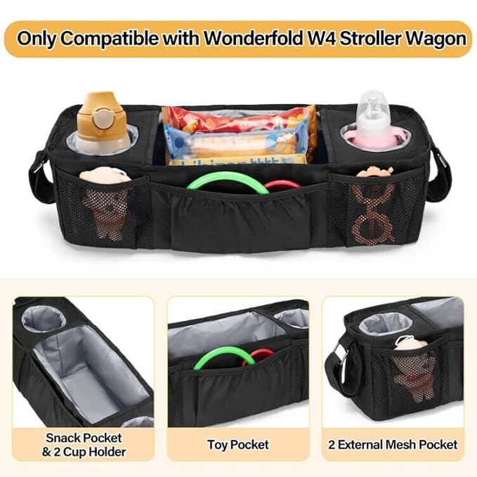 Wagon Parent Console Only Compatible with Wonderfold W4, Stroller Snack Tray, 2 Insulated Cup Holders, Black
