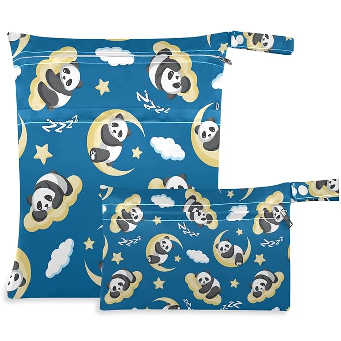 visesunny Panda Sleeping On Clouds Moon 2Pcs Wet Bag with Zippered Pockets Washable Reusable Roomy Diaper Bag for Travel,Beach,Daycare,Stroller,Diapers,Dirty Gym Clothes,Wet Swimsuits,Toiletries