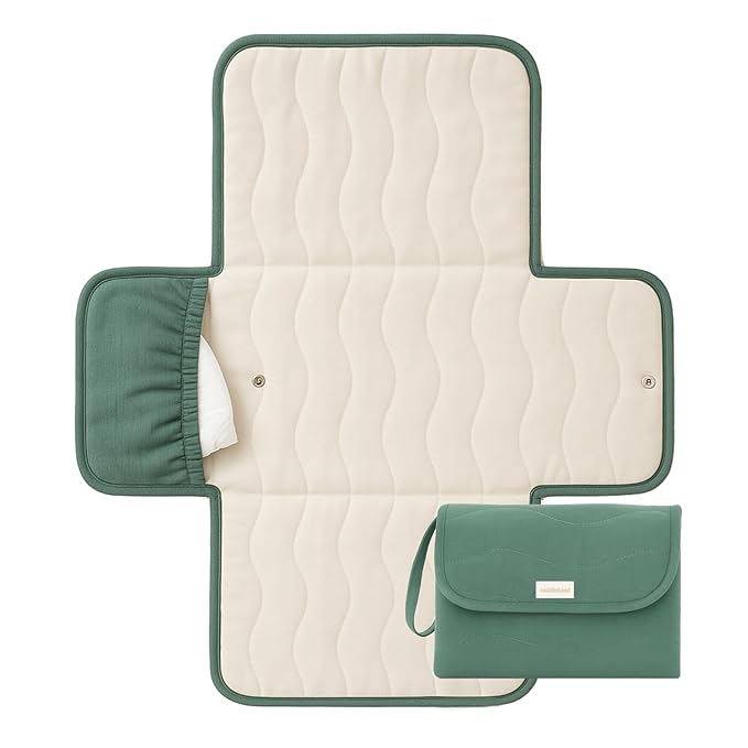 Toddlekind Mini Maven Portable Changing Pad – Organic Cotton & Water-Resistant Polyester – Travel-Friendly, Foldable Change Mat – Forest Green Stripes with Wave Stitching – Chic, Durable, Easy Clean