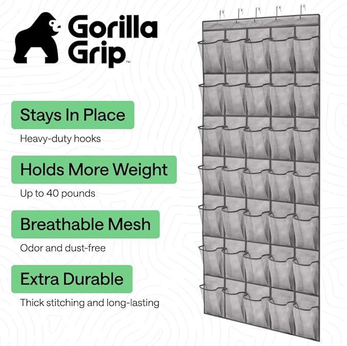 GORILLA GRIP Over the Door Shoe Organizer, 35 Large Breathable Mesh Pockets, Space Saving Hanging Storage Holder, 5 Hook Closet Rack Hanger, Hangs on Closets for Shoes, Accessories 68.5H x 24.5W Gray