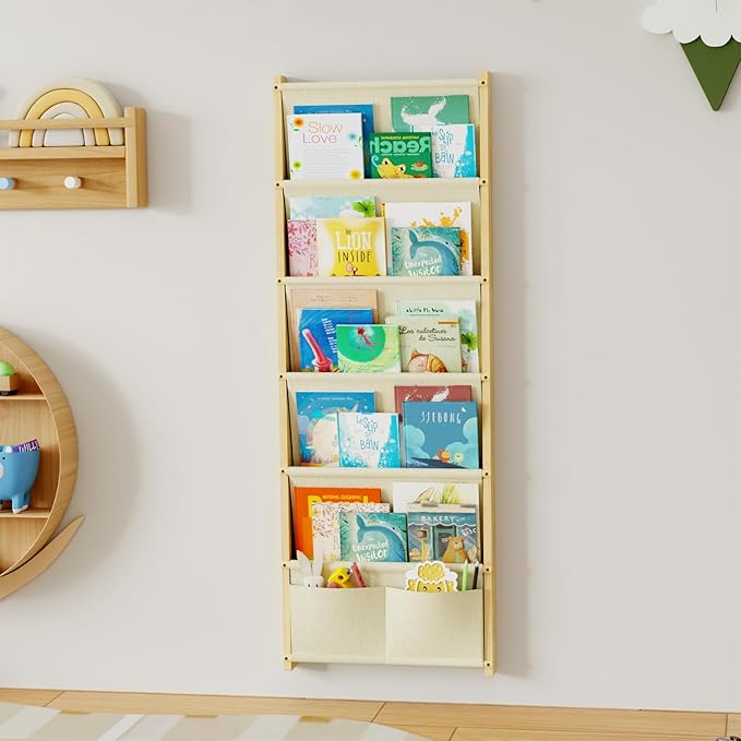 Wood 6-Tier Wall Mounted Kids Bookshelf – Floating Book Shelf For Kids Rooms,Nursery & Classroom, Hanging Bookcase Organizer For Books,Toddler Book Shelf, Montessori Bookshelf, Nursery Shelves