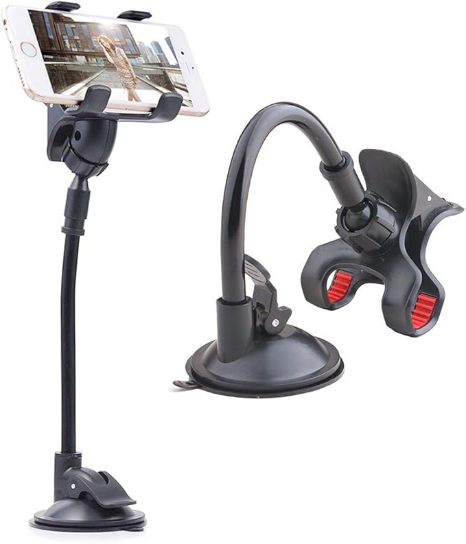 ivoler Car Phone Mount Windshield, Long Arm Clamp Universal Windshield with Double Clip Strong Suction Cup Cell Phone Holder Compatible with iPhone 15 14 13 Pro Max XS 7 8 Plus, Galaxy S24 S23 Ultra