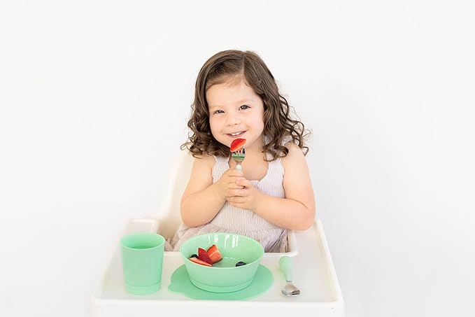 Ubbi Toddler Feeding Set, 7-Piece, Plate, Bowl, Cup + Baby & Toddler Stainless Steel Utensils, Interchangeable Suction Base, BPA-Free Dishwasher Safe, Self-Feeding for Baby-Led Weaning, Green