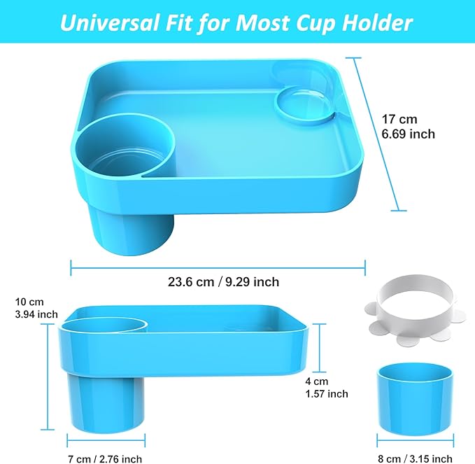 Car Seat Snack Tray for Kids, Mess-Free Square Travel Tray Cup Holder Snack Tray, Durable Car Food Tray for Toddlers, Universal Fit Kids Travel Road Trip Essentials (Sky Blue)