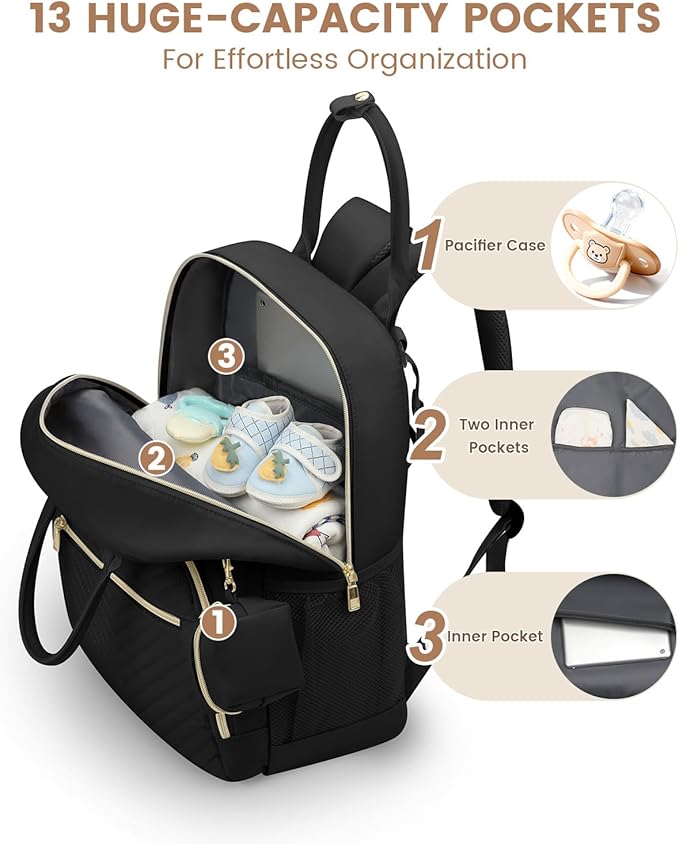 Pritent Diaper Bag Backpack,Baby Essentials Diapers Bag with Pacifier Case,Multipurpose Stylish Large Capacity Travel Backpack for Baby Girl/Boy(M-Black)
