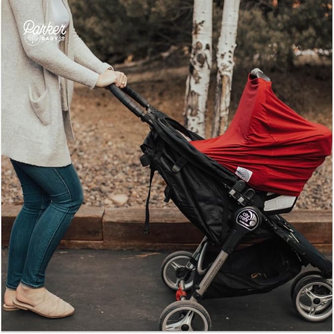 Parker Baby 4 in 1 Car Seat Cover for Girls and Boys - Stretchy Carseat Canopy, Nursing Cover, Grocery Cart Cover, High Chair Cover - “Cherry”