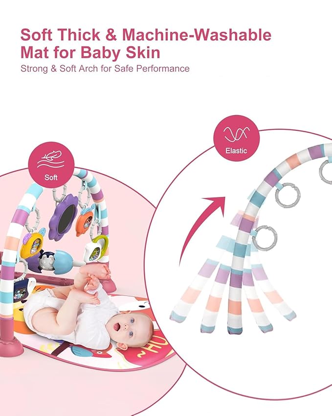 dearlomum Baby Play Mat Gym,Funny Play Piano Tummy Time Baby Activity Mat with 5 Infant Sensory Toys & 4 Wrist Rattle Socks, Boy & Girl Gifts for Newborn 0 to 3 6 9 12 Months(Pink)