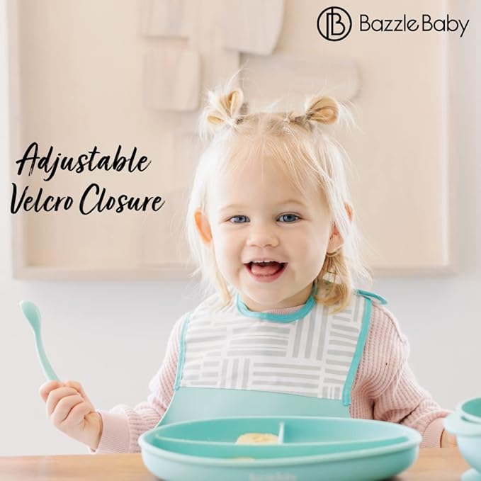 Bazzle Baby Silicone Bibs with Food Catcher - Rolls Up and Button closed for easy travel and storage Waterproof 2-Pk