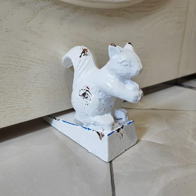 Cast Iron Heavy Door Stop, Cute Animal Shape Doorstop, Antique Style Decorative Door Stopper for Bottom of Door, Sturdy Door Stop Wedage and Floor Decor - White