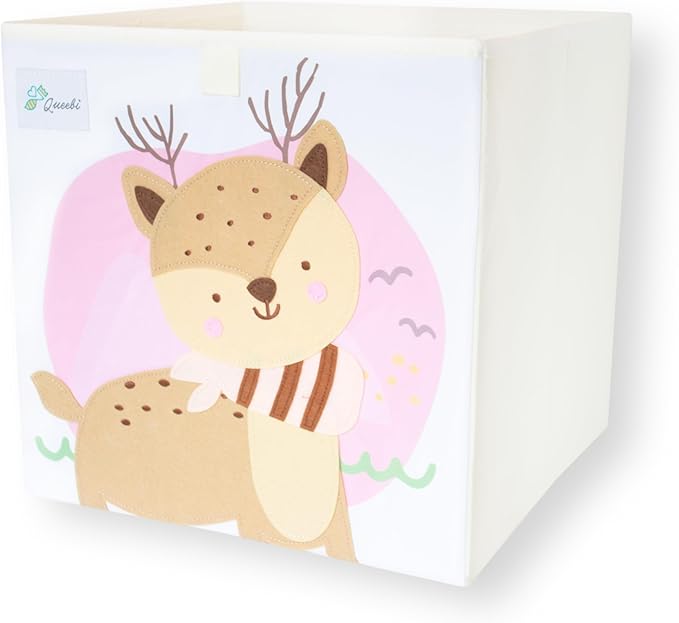 Queebi Storage Cube- Organizer for Nursery, Playroom, Bedroom, Closet. Foldable Box 13x13x13 inches. Children's Toy Box, Diaper Caddy, Clothing Basket, Book Bin, Baby Essentials & Gift (Deer)