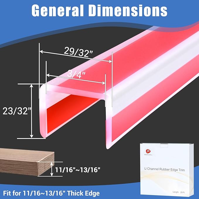 Clear Rubber Edge Trim, Self-Adhesive Transparent 3/4"(19mm) Edge Protector for Plywood, Cabniets or Drawers, Flexible Silicone Rubber Material, Fit 11/16"-13/16"(18-20mm), U Shaped Edge Guards