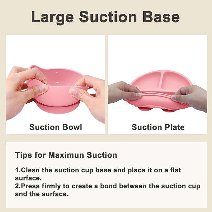 Munlinder Silicone Baby Feeding Set | Baby Led Weaning Supplies Includes Suction Bowls and Divided Plates, Adjustable Bib, Baby Utensils Spoons and Forks,Cup | Baby Feeding Essentials (Pink)