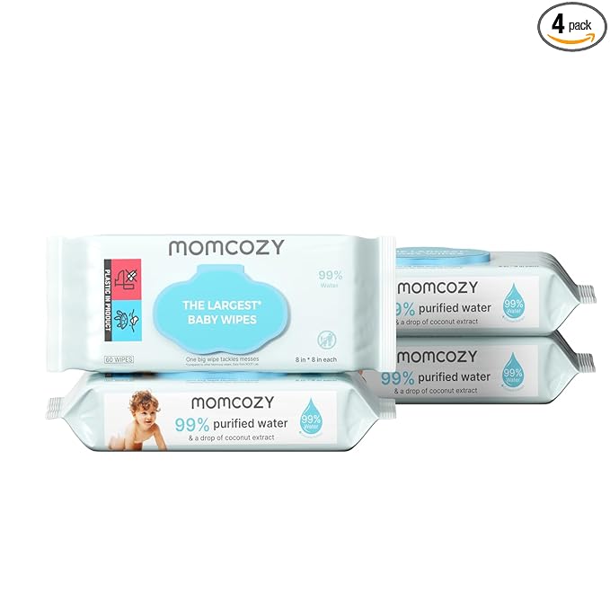 Momcozy Baby Wipes-Extra Large Size Design, 99% Water Based, Unscented & Hypoallergenic, Cleansing & Moisturizing Baby Wipes for Sensitive Skin, 240 Count (4 packs)