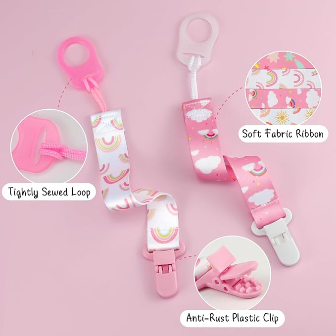 4 Pack Pacifier Clips for Boys Girls, Dummy Clips Baby with Adapters, Silicone Binky Clips for Baby Teething Toys Baby Shower (Pink+White)
