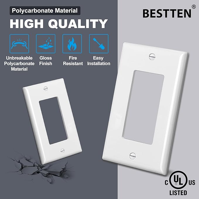 BESTTEN 20 Pack Receptacle Wall Plate, 1-Gang Standard Size Decorator Outlet and Switch Cover, Unbreakable Polycarbonate, H4.53” x W2.76”, UL Listed, White