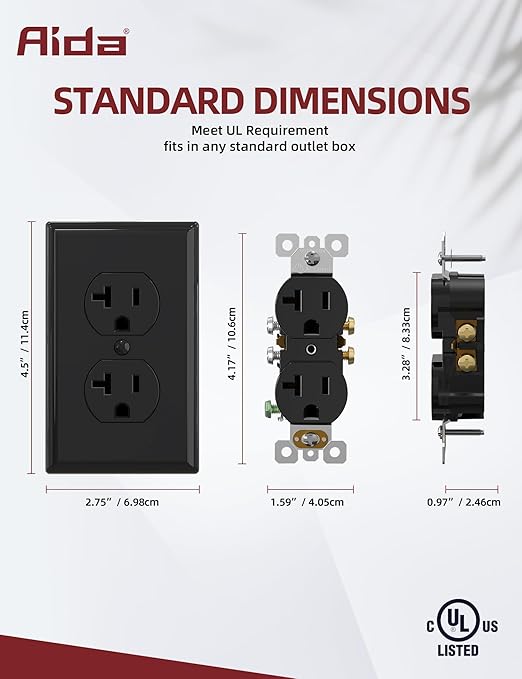 AIDA 20 Amps Outlets Duplex Electrical Receptacle Outlets, Electrical Outlet, 20Amp 125V Heavy-Duty,Wall Plate Included,Residential, 3-Wire, Self-Grounding, UL Listed, Side Wire (10 Pack, Black)