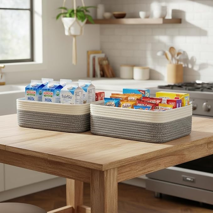 2 Pack Storage Baskets for Organizing, 15"x11"x5.1", Small Basket for Shelves, Closet, Nursery, Living Room,Bathroom, Shallow Basket Organizer, White & Mixed Gray
