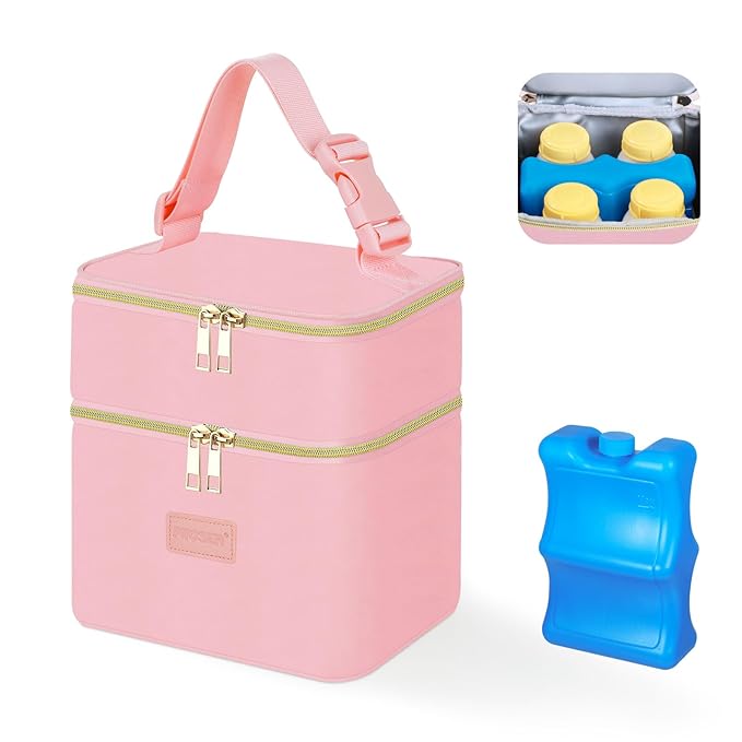 PIIOSER Insulated Baby Bottle Tote Bags with Ice Pack, Fits 4 Baby Bottles Up to 5 Ounce, Portable Breastmilk Cooler Travel Bag with Buckle for Nursing & Working Mom Daycare(Pink-XS)