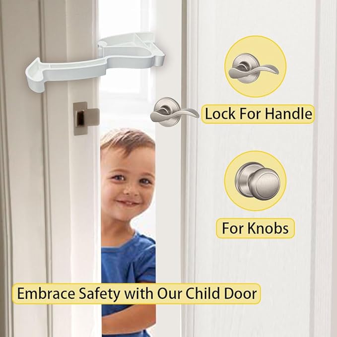 Kids Safety Door Lock, Child Proof Door Latch, Baby Pinch Guard Door Stopper for Knobs & Lever Handles, No Tools Need for Install and Portable [U.S Patent Pending] (White 1 Pack)