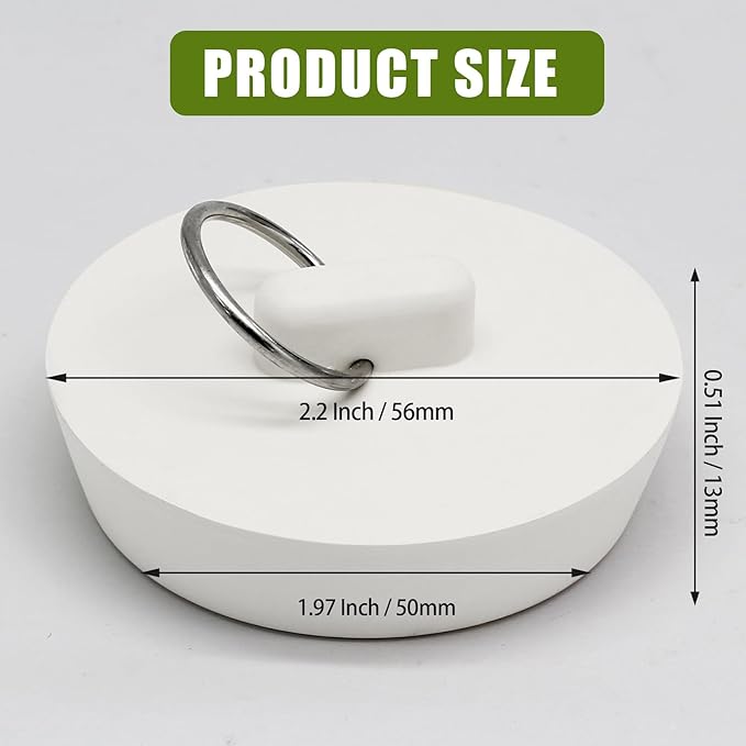 2 PCS 2 Inch to 2-1/8 Inch Rubber Drain Stopper with Hanging Ring, White Tub Drain Stopper, Sink Stopper Drain Plug, Rubber Sink Plug for Bathroom, Bathtub, Sewers and Kitchen