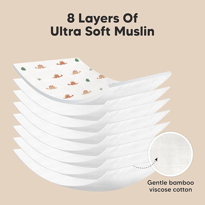 5-Pack Muslin Burp Cloths Baby Boy, Girl - Very Absorbent Baby Burp Cloth Rags, 8-Layers Viscose Derived from Bamboo Cotton Muslin Towel, Super Soft Spit Up Rags, No Shrink Washcloths (Roarsome)