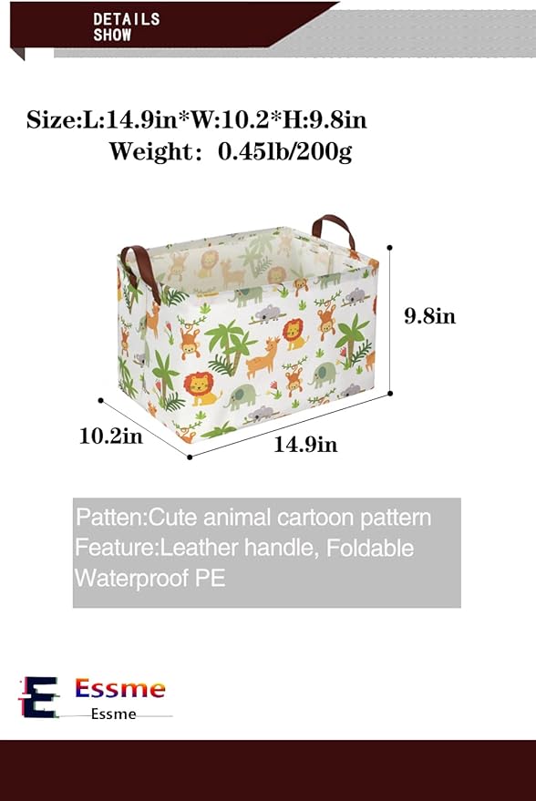 Essme Rectangular Animals Storage Basket,Green Baskets,Nursery Storage Bin Organizer with Handles for Jungle Decor,Shelf Bins,Animal Basket.(Jungle animal)