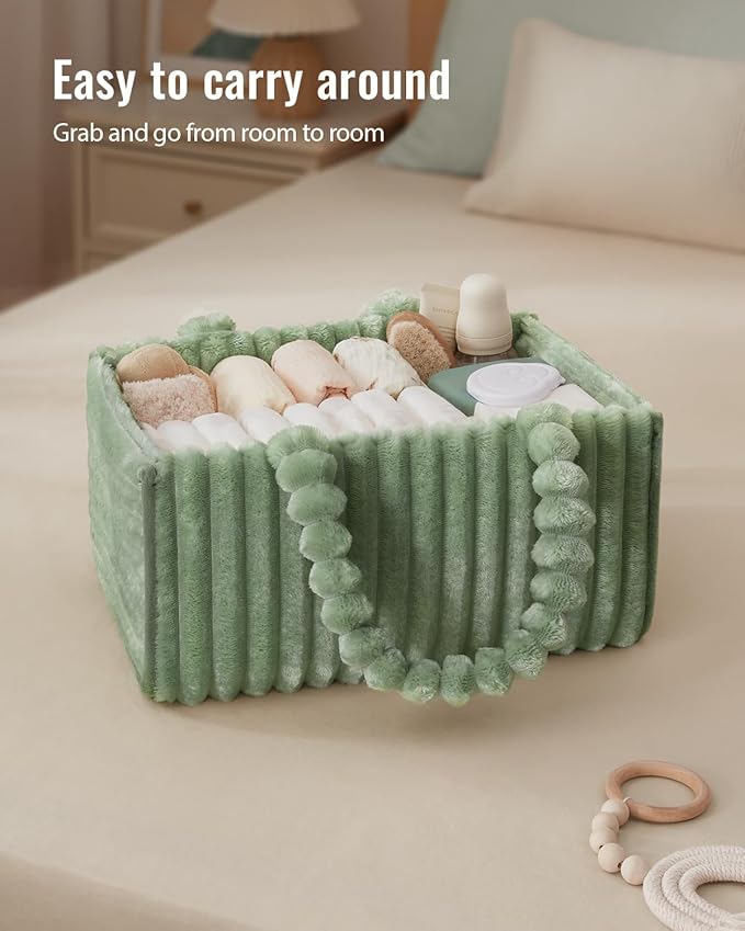 Blissful Diary Flannel Diaper Caddy Organizer, included Gift Packaging, Cozy Nursery Storage Basket, Gift for Baby Shower, Newborn Essentials, Sage Green