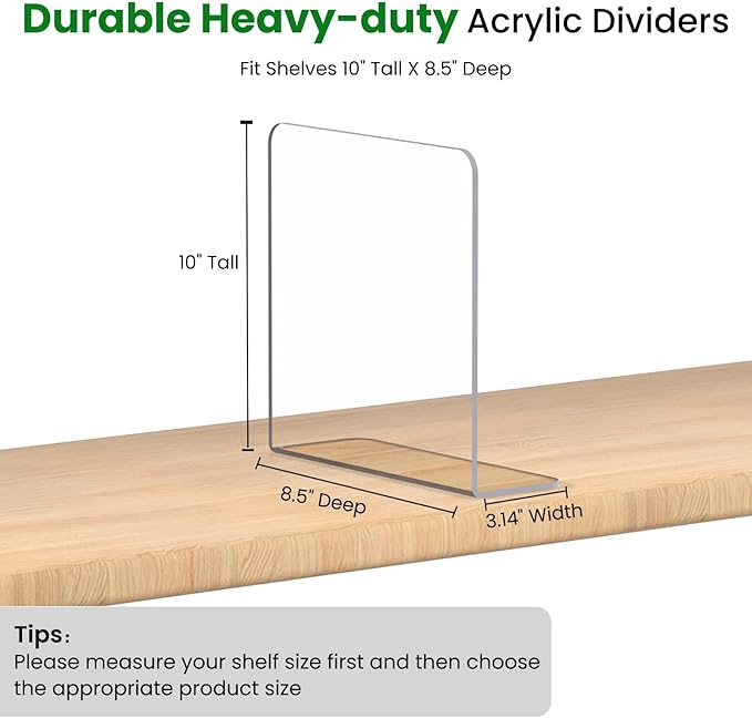 Shelf Dividers for Closet Organization - 4 Pack 10" Tall X 8.4" Deep Acrylic Adhesive Separators, 30s Tool-Free Install, Clear Vertical Closet Dividers for Clothes, Handbags & Towels