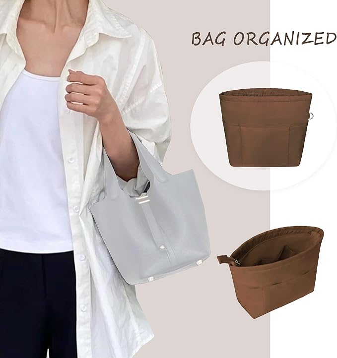 Vercord Purse Insert Organizers for Petite Tote Bag Organizer Insert Inside Handbag Shaper with Zipper Coffee Mini